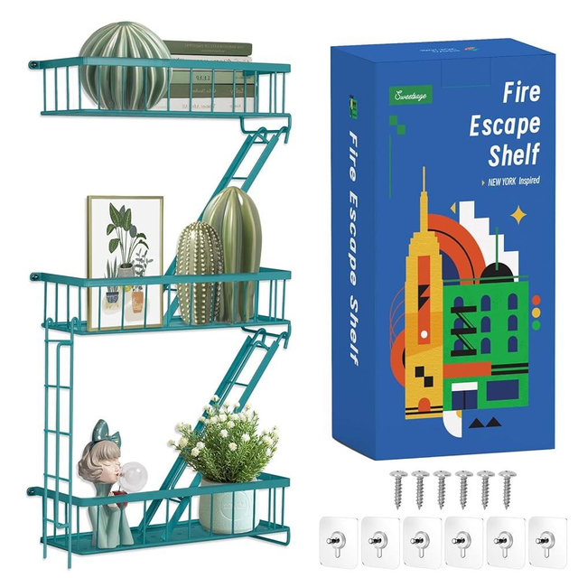 SweetSage Fire Escape Wall Shelf - Rustic Wall Decorative Floating Shelves, Metal Display Shelves for Wall, Green (3-Tier)
