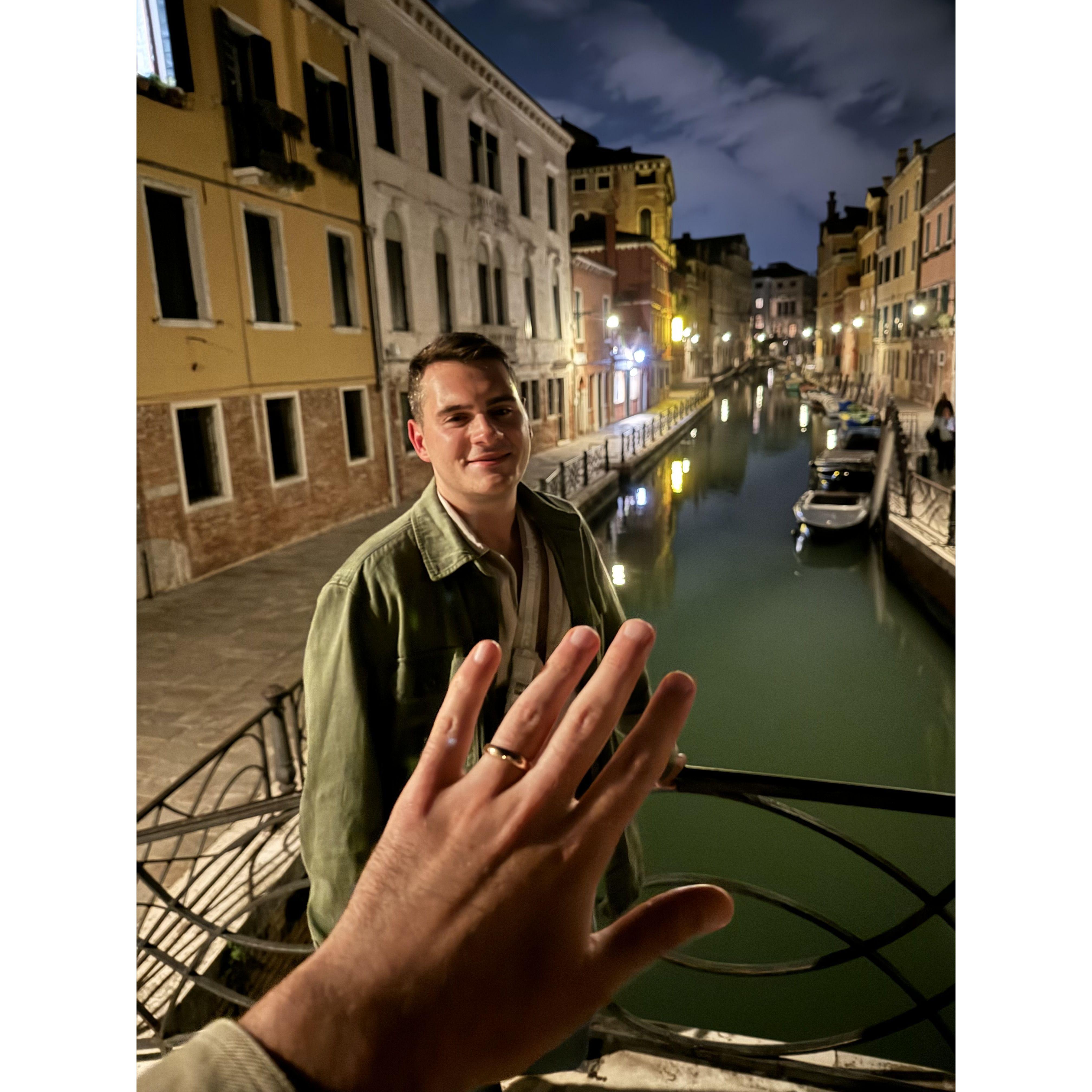 Vinny and Justin bought each other gold engagement bands while in Florence, Italy and Vinny popped the question a few days later in Venice!