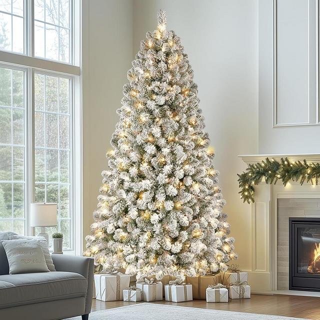 SHareconn 7ft Prelit Snow Flocked Artificial Holiday Christmas Tree with 300 Warm White Lights, Foldable Stand, Full Snow Branch Tips for Home, Office, Party Decoration, 7 FT, White