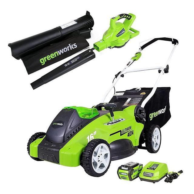 Greenworks 40V 16" Cordless Electric Lawn Mower + 40V Brushless Blower / Vacuum, 4.0Ah Battery and Charger Included