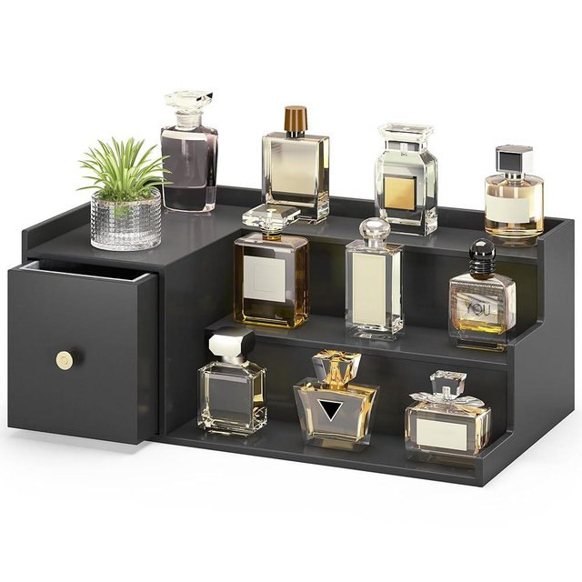 Cologne Organizer for Men, Bamboo 3 Tier Display Riser Stand with Drawer Wood Perfume Organizer Stand Holder Spice Shelf Rack Tabletop Skincare, Great Gift for Man