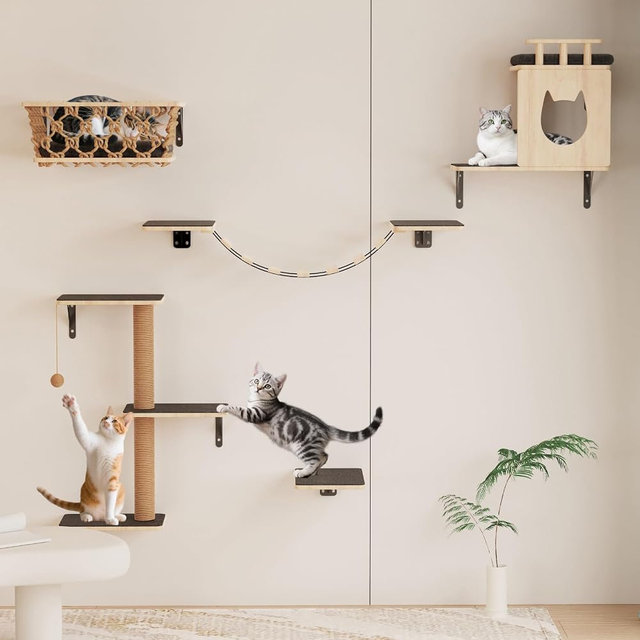 HHOFURN 5-in-1 Cat Wall Shelves Set with Hammock, Wall-Mounted Cat Furniture Includes Condo, Bridge, Ladder & Steps for Indoor Cats, Safe & Stable (Gray)