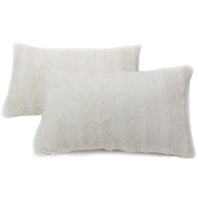 Cheer Collection Faux Fur Throw Pillows - Set of 2 Lumbar Couch Pillows - 12" x 20" - White