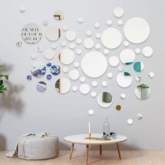 iCAGY Circle Mirror Multiple 64 Pcs, Acrylic Round Mirror Wall Decor Self Adhensive