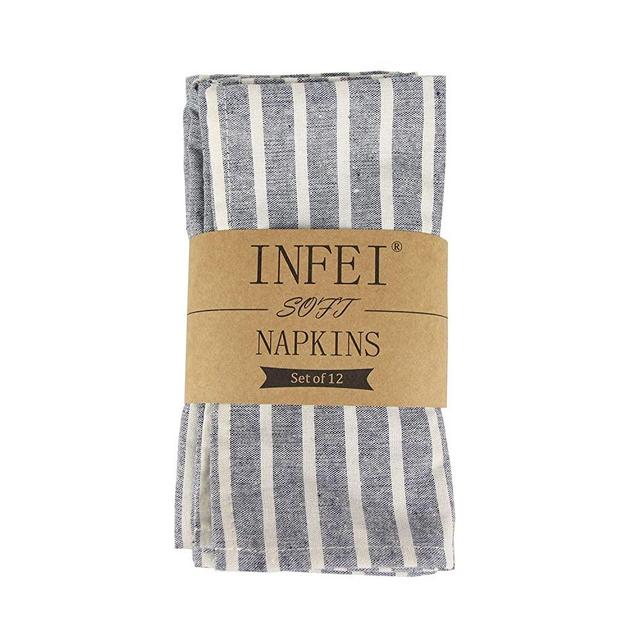 INFEI Soft Broad Striped Linen Cotton Dinner Cloth Napkins - Set of 12 (17 x 17 inches) - for Events & Home Use (Navy)