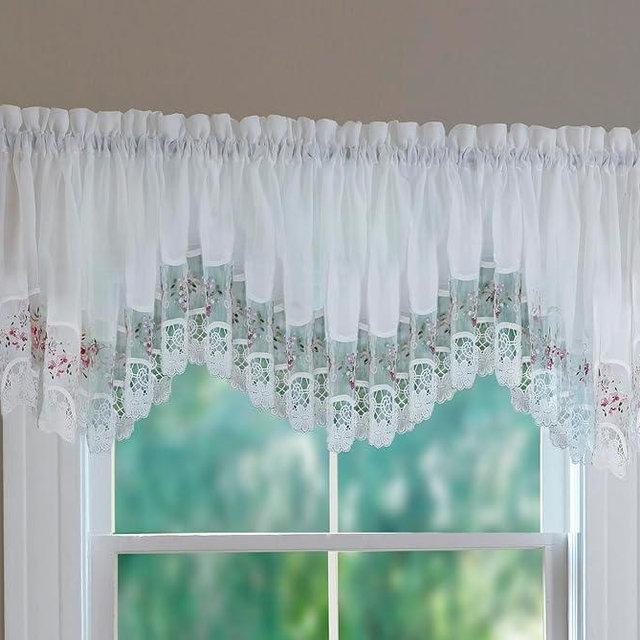 Today's Curtain, Vintage Macramé Organza Crescent 18", White/Rose, 58" W x 18" L