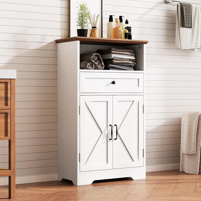 Viroformo Floor Cabinet, Farmhouse Storage Cabinet with Barn Doors and Drawer, 11.81" D x 23.62" W x 39.37" H White Freestanding Adjustable Shelf Organizer for Bathroom, Kitchen, Living Room