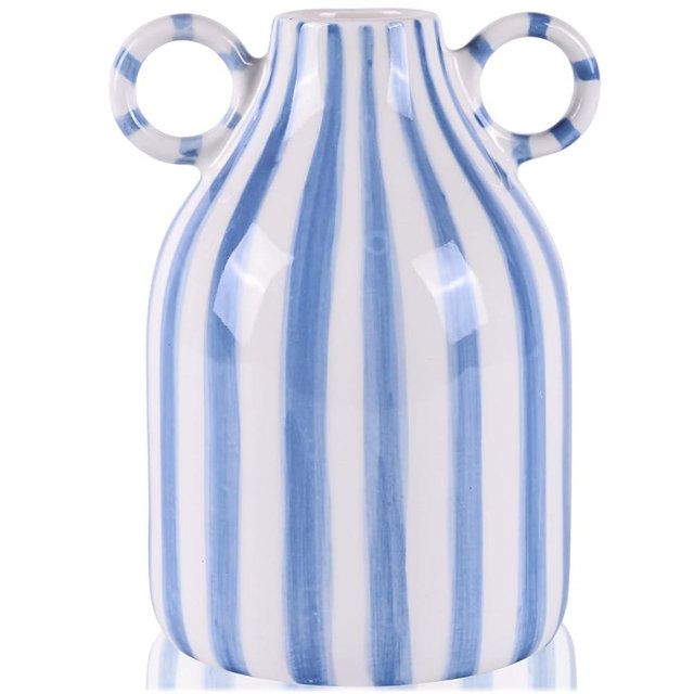 Blue and White Ceramic Vase with Handle, Nordic Boho Small Vases Side Table Flower Centerpiece, Wide Mouth Single Flower Vase Pampas Grass Decorative - for Home Window Sill Living Dining Room Kitchen