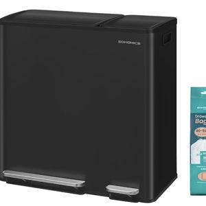 SONGMICS Kitchen Dual Trash Can, 13 + 5.3 Gallon (50 + 20 L) 2-Compartment Trash and Recycle Bin, Stainless Steel Garbage Can, Pedals, Soft-Close Lids, Inner Buckets, Black ULTB770BZ01