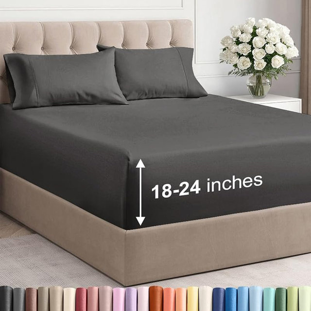 Extra Deep King Sheet Set - 4 Piece Breathable & Cooling Bed Sheets - Easily Fits 18 to 24 inch Mattress - Ultra Soft, Wrinkle & Fade Free w/ Extra Deep Pockets - Comfy Hotel Luxury Bedding - Charcoal