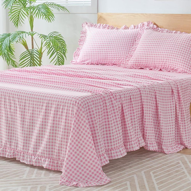kisswish Gingham Queen Sheet Set, Lightweight Super Soft Brushed Microfiber Plaid Bed Sheets with 16" Deep Pocket, 4 Piece Ruffle Farmhouse Bedroom Decor, Pink