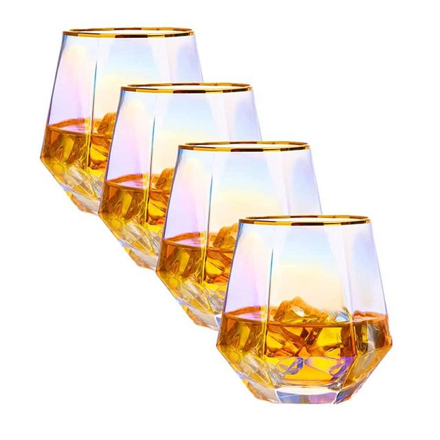Christmas Diamond Whiskey Glasses Set Of 4-10Oz Stemless Wine Glass Iridescent Glass,Crystal Gold Edge Wine Glasses for Rocks Beverage or Juice Glass. (4pcs colorful)