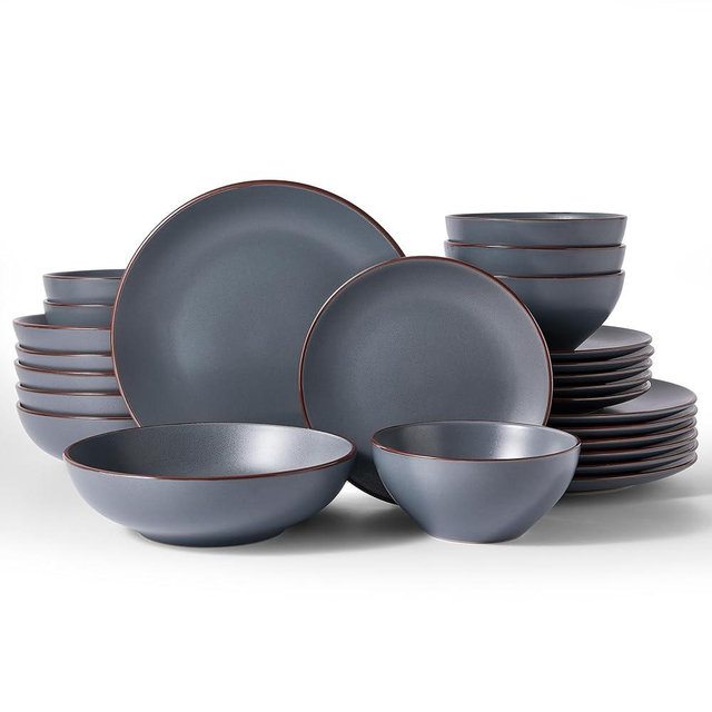 Famiware Venus Speckled Dinnerware Set with Pasta Bowls, Service for 6 (24 Pieces), Stoneware Plates and Double Bowls Sets, Microwave & Dishwasher-Safe Dishes with Trim, Matte Charcoal