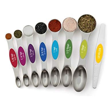 Spring Chef Magnetic Measuring Spoons Set, Dual Sided, Stainless Steel, Fits in Spice Jars, Multi-Color, Set of 8
