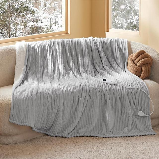 Bedsure Electric Blanket Twin - Soft Ribbed Flannel Heated Blanket, Heating Blanket with 10 Time Settings, 6 Heat Settings, and 8 hrs Timer Auto Shut Off (62x84 inches, Light Grey)