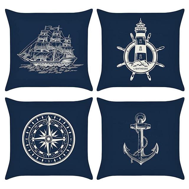 Bonhause Nautical Navy Blue Pillow Covers 18 x 18 Inch Set of 4 Anchor Lighthouse Sailboat Compass Decorative Pillow Cases Linen Cushion Covers for Sofa Couch Bed Home Decor