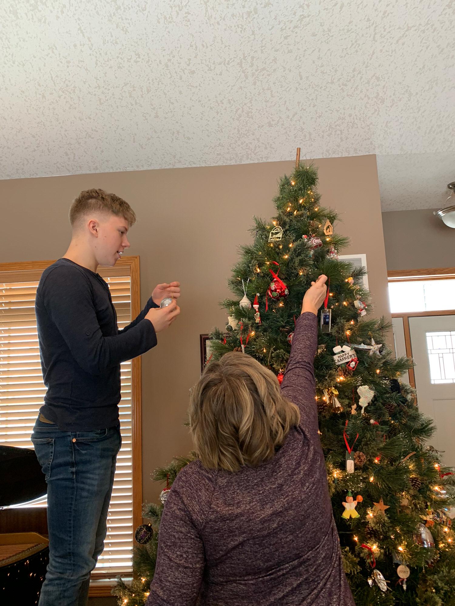 Here's a little 'in' to our daily family happenings. Mom was a little to short to hang the ornaments but wanted an even placement along the top of the tree! Christmas 2019.
