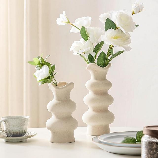 Ngardk Modern Decorative White Ceramic Vases for Home Decor, Abstract Minimalist Vase for Pampas Grass, Boho Flower Vase, Aesthetic Cream Vase