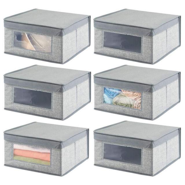 mDesign Soft Stackable Fabric Closet Storage Organizer Holder Bin with Clear Window, Attached Hinged Lid - for Bedroom, Hallway, Entryway, Bathroom - Textured Print - Medium, 6 Pack - Gray