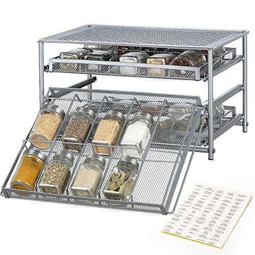 NEX Spice Rack Organizer for Cabinet, 3 Tier 30-Bottle Spice Drawer Storage for Kitchen Pantry Countertop, Metal, Silver