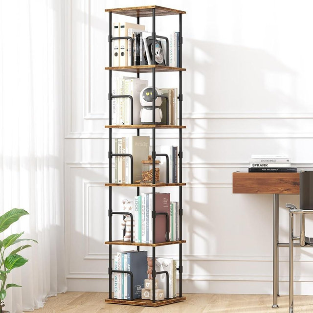 swlongbooks 5-Tier Rotating Bookshelf, Freestanding Corner Bookshelf, 360° Spinning Bookcase Industrial Style Storage Rack with Rails, for Living Room, Bedroom, Study