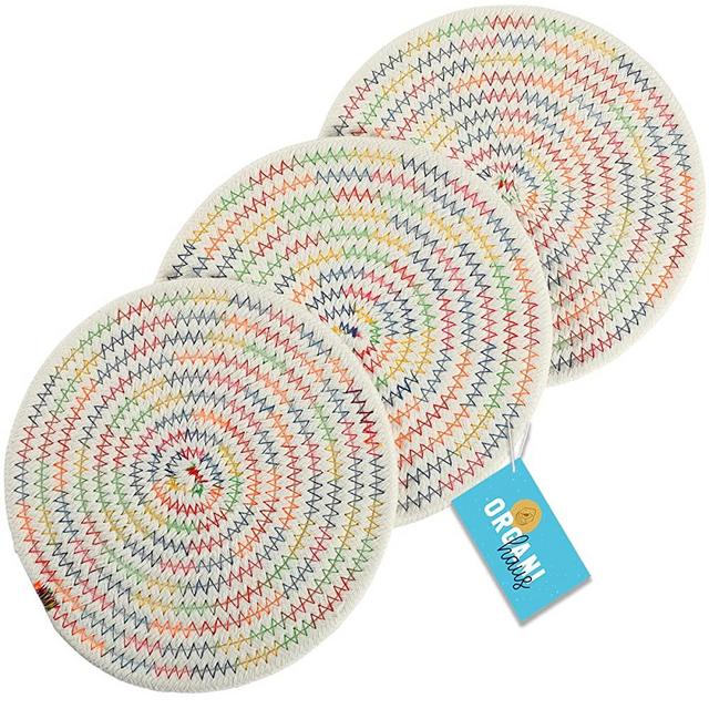 OrganiHaus Cotton Rope Pot Holder | Set of 3 Hot Pads for Kitchen Pot Holders | Rope Trivets for Hot Dishes | Trivets for Kitchen Counter | Trivets for Table | Colorful Decor - Rainbow Stitches