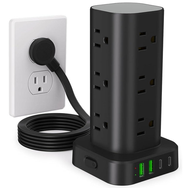 Power Strip Tower with Multiple Outlets, Flat Plug Surge Protector Tower Extension Cord with 12 AC Outlets 4 USB Ports (2 USB C), 6FT Cord Power Tower Surge Protector for Home Office Dorm Room, Black