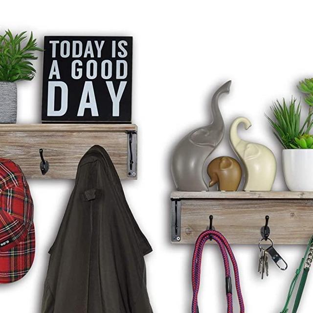Spiretro Set of 2 Wall Mount Floating Shelves with Metal Hooks -16 inch, Hat Bag Coat Rack, Leash Key Holder, Organize Storage Hang Decorative for Entryway Hallway Bedroom, Rustic Torched Wood - Grey