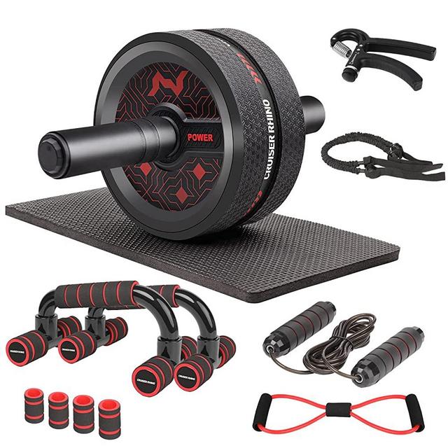 Workout Equipment Kit Ab Roller Wheel with Resistance Bands Push Up Bar Jump Rope Grip Strength Trainer Yoga Pulling Rope Knee Mat 7-in-1 ABS Exercise Perfect Home Gym Fitness Equipment for Men Women Cruiser Rhino