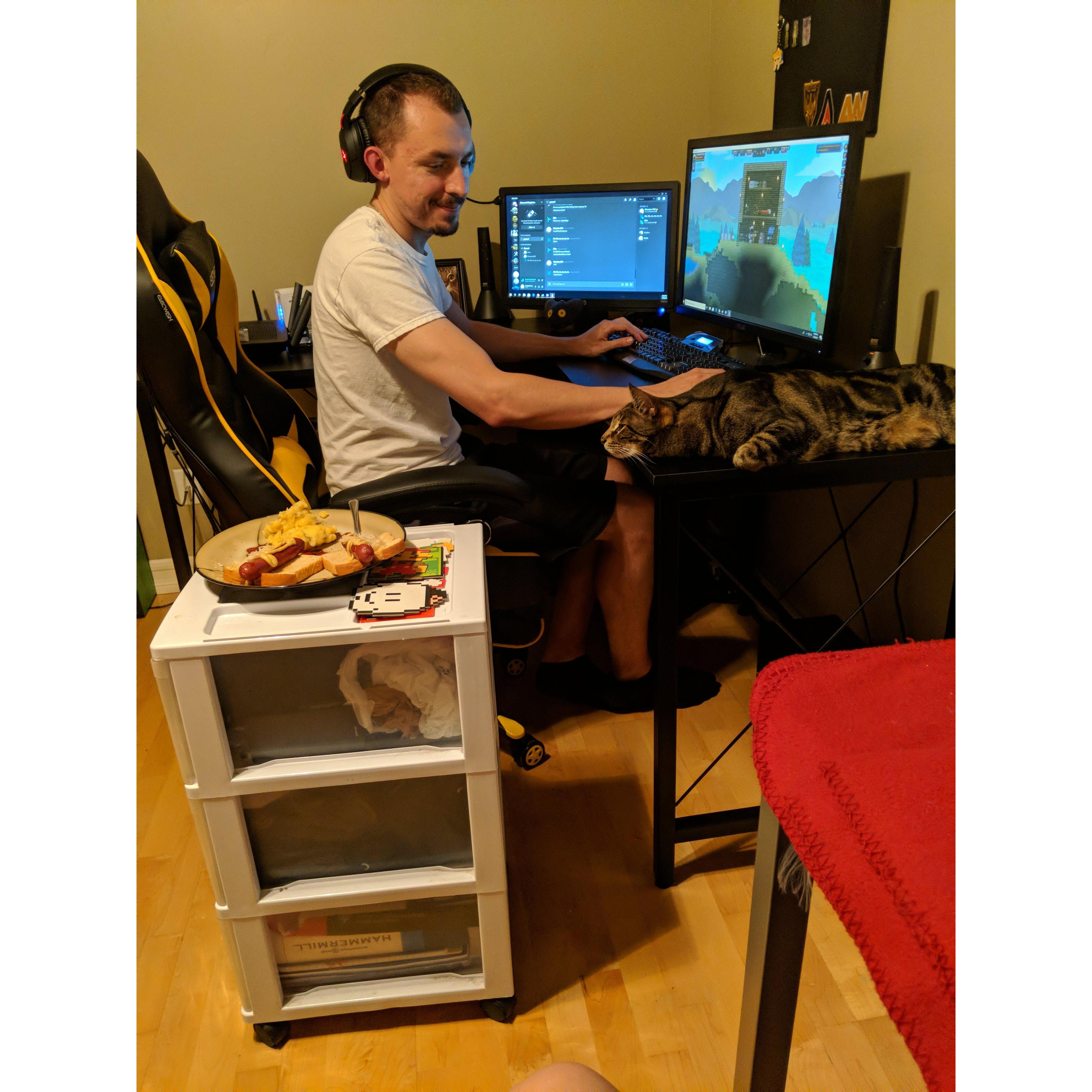 Dickle tries to steal Chris's food.