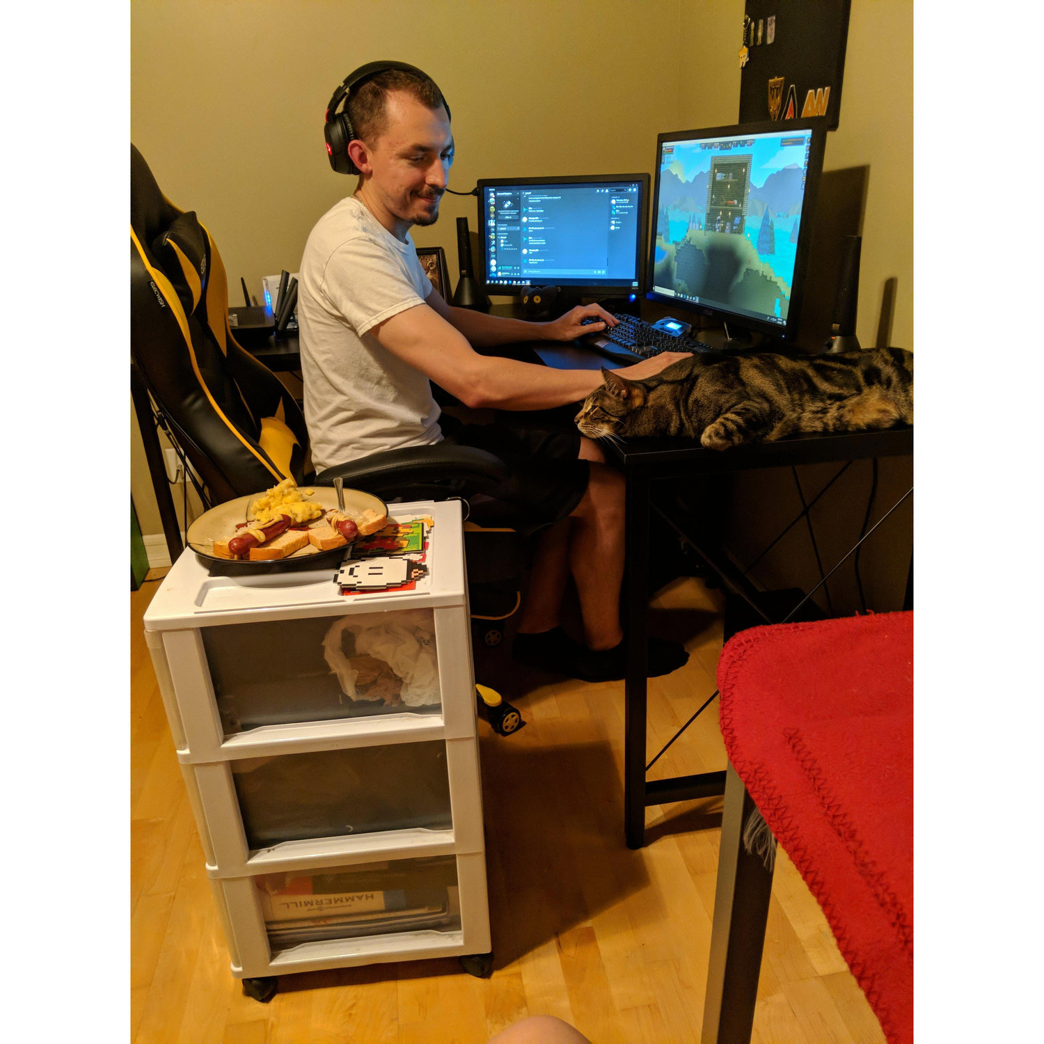 Dickle tries to steal Chris's food.