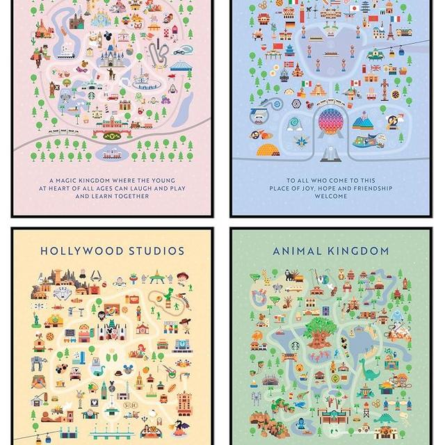 ALYAM STORE Disneyland Map Posters, Unframed 12x16 inches, Set of 4, Wall Art for Boys Room, Epcot, Magic Kingdom, Hollywood Studios, Animal Kingdom