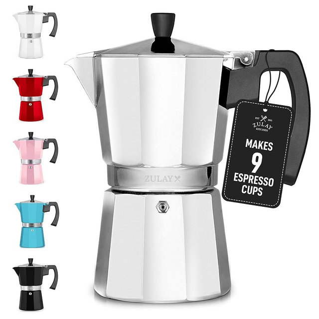 Zulay Moka Pot Espresso Stovetop Coffee Maker - Leak-Proof, Stainless Steel, Easy to Clean, Heat Resistant Handle & Knob - for Authentic Cuban & Italian Style Espresso - Makes 9 Espresso Cups - Silver