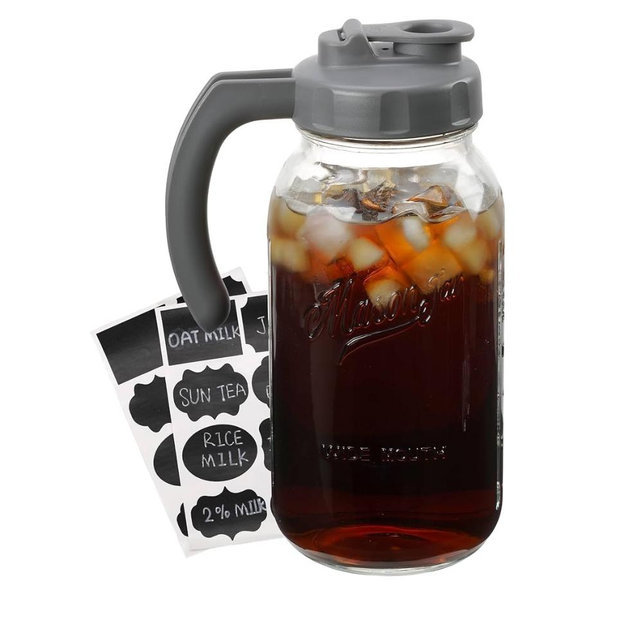 Soligt Glass Mason Jar Pitcher with Lid, Wide Mouth Flip Cap Pour Spout Leak-proof Lid with Handle, 64 oz (2 Quart / 1.9 Liter), for Iced Coffee/Sun Tea Juice/Cold Brew/Milk (1 Pack, Dark Gray)