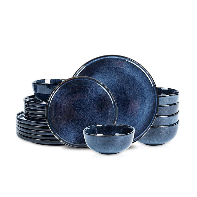 Vicrays Ceramic 18 Pieces Dinnerware Set - Dinner Plates Salad Plates Cereal Bowls Set Service for 6 - Scratch Resistant Microwave Oven Dishwasher Safe - Blue