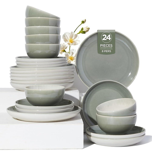 Pokini Plates and Bowls Sets for 8, 24 Piece Dinnerware Set for Large Families & Entertaining, Elegant Design, Dishwasher & Microwave Safe, Chip Resistant and Durable, Gray Green