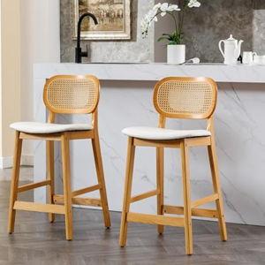 CIMOTA Rattan Leather Bar Stools Set of 2, Farmhouse Wood Barstools Boho Kitchen Island Stools Comfortable Upholstered Counter Height Bar Chairs, 26 Inch/Natural Wood/PU White