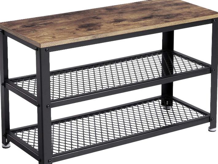 SONGMICS Vintage Shoe Bench, 3-Tier Shoe Rack, Storage Organizer with Seat, Wood Look Accent Furniture with Metal Frame, for Entryway, Living Room, Hallway ULBS73X