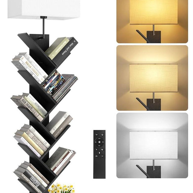 OUTONLIFE 9 Tier Tree Bookshelf with Light, Remote & Timer, Dimmable Tall Floor Standing Lamp, Narrow Wood Bookcase, Small Book Organizer Shelves for Living Room, Bedroom, Home Office (Black)