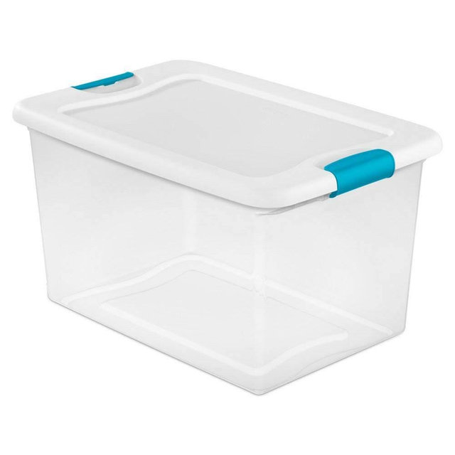 STERILITE 64 Quart Latching Plastic Storage Box, Clear w/Blue Latches (12 Pack)
