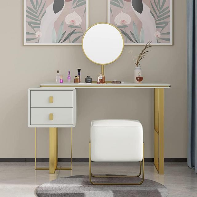 Sdorens Modern Makeup Vanity Set with PU Leather, Dressing Table Set with 2 Solid Wood Drawers, Side Cabinet, Mirror, Stool, Vanity Table for Bedroom, 47.24" (Beige)