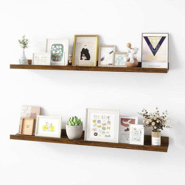Acovy Picture Ledge Shelf, Wood Floating Shelves Set of 2, 36 inch Picture Ledge Shelves, Photo Ledge Nursery Book Shelves Wall Mounted for Living Room Kids' Room Bedroom, Color Walnut