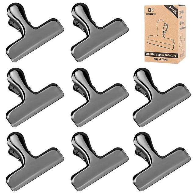 Pack of 8 Gun Black Bag Clips, Stainless Steel and Heavy Duty Metal Bag Clip,Tightly Seals Chip, Coffee, Bread or Cereal Bags to Keep Food Fresh, for Home, Kitchen, Office, Pantry, Camping
