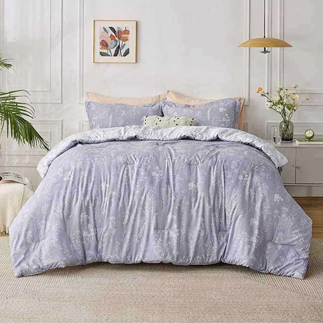 Bedsure Lavender Comforter Set Queen - Floral Comforter Set Reversible Botanical Bedding Sets Queen, 3 Pieces Cute Flowers Soft Bed Set with 2 Pillow Shams