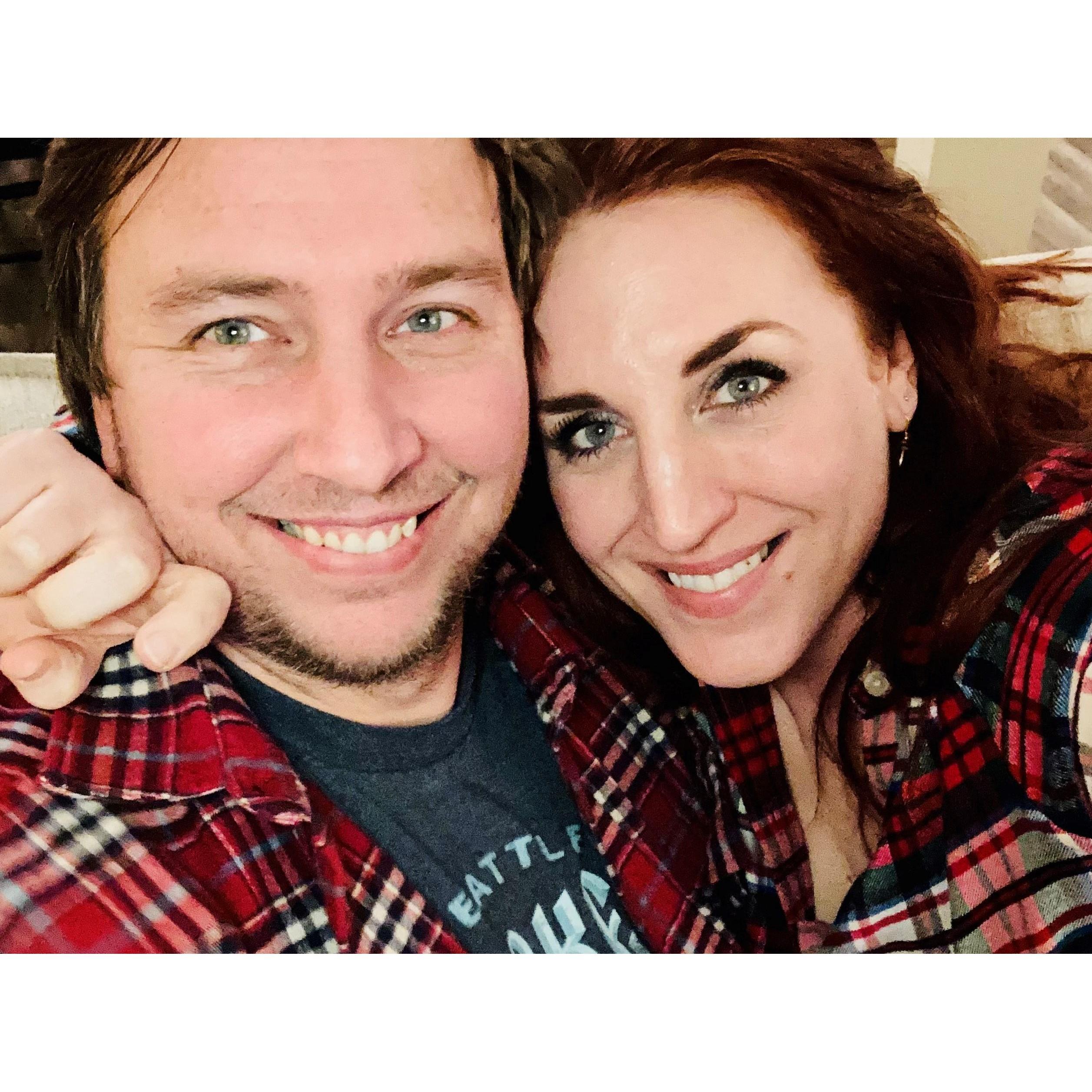 Right after we got engaged, in our accidentally matching flannels.