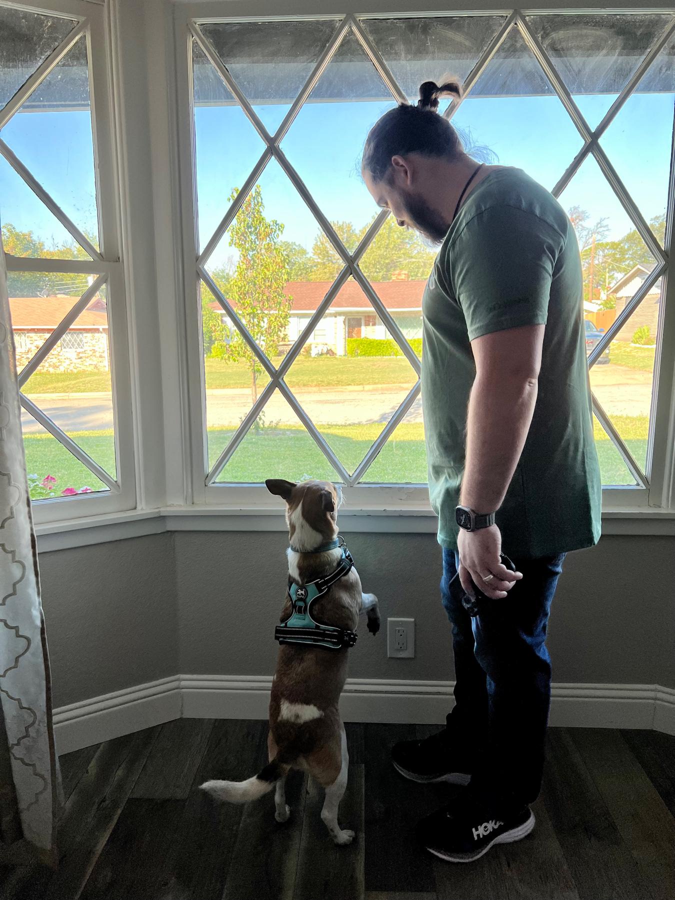 The day we started moving in to our first home. Brad is showing Major the views out of his new front window