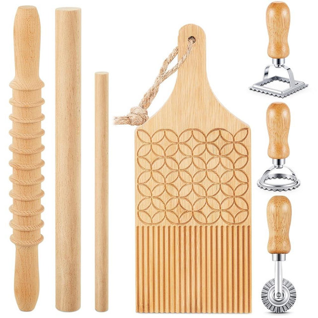 Tioncy 7 Pcs Pasta Making Tools Set Include 1 Gnocchi Board Wood 1 Wood Cutter 1 Rolling Pin 1 Wood Roller 3 Ravioli Stamp Maker Cutter for Italian Gnocchi Pasta Cutlery Gift(Dumpling Style)