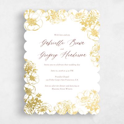 White Scalloped Wedding Invitation - Anemone Portrait Foil