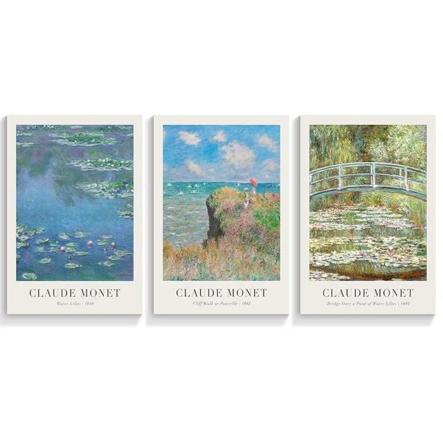 NONPAI Vintage Claude Monet Poster Famous Water Lilies Canvas Wall Art Cliff Walk At Pourville Print Painting Botanical Floral Pictures Wall Decor for Living Room Bedroom 3 Set 16x24in Unframed