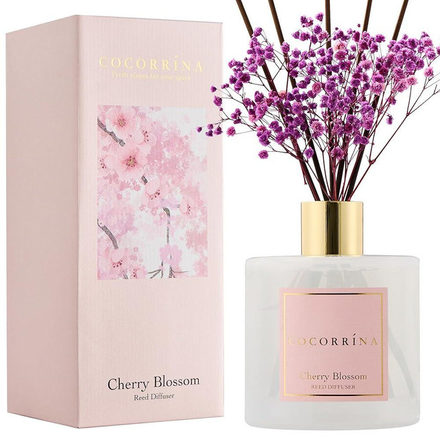 COCORRÍNA Reed Diffuser - Cherry Blossom 17 Fl.oz Reed Diffuser with 8 Sticks Scented Diffuser with Preserved Flowers for Bathroom Home Decor